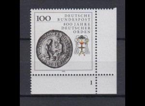 Bund 1451 Eckrand rechts unten FN 1 800 Jahre Deutscher Orden 100 Pf postfrisch