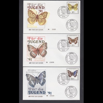 Bund 8 FDC`s mit 1512-1519 Gefährdete Schmetterlinge mit ESST Bonn 09.04.1991