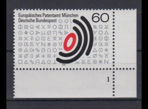 Bund 1088 Eckrand rechts unten mit FN 1 Europäisches Patentamt 60 Pf postfrisch