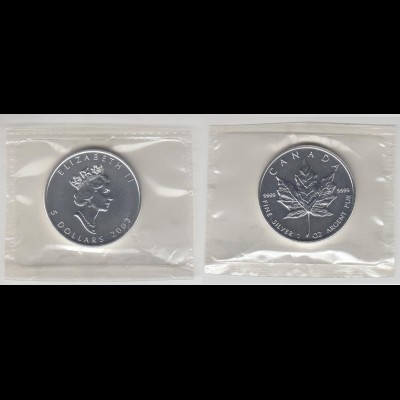 Silbermünze 1 OZ Kanada 5 Dollar 2003 Maple Leaf original eingeschweist