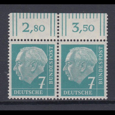 Bund 181 xv geriffeltes Gummi Paar mit Oberrand Theodor Heuss 7 Pf postfrisch