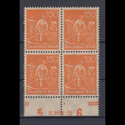 Deutsches Reich 189 mit Unterrand 4er Block + HAN Schnitter 150 Pf postfrisch /4
