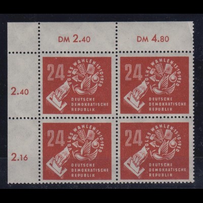 DDR 275 Eckrand links oben 4er Block Volkswahlen am 15.10.1950 24 Pf postfrisch