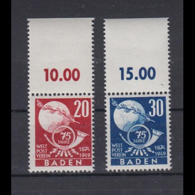 Französische Zone Baden 56-57 mit Oberrand Weltpostverein 20 + 30 Pf postfrisch