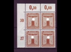 Deutsches Reich Dienst D 156 ohne WZ 4er Block 3 Pf ** Eckrand links oben