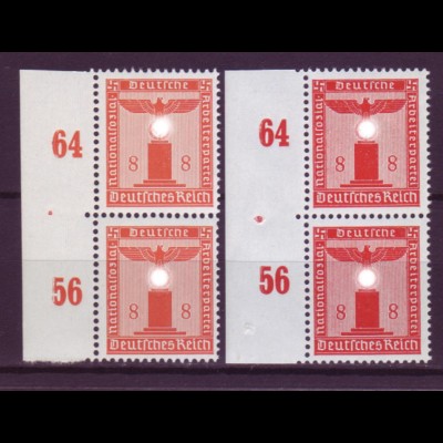 Deutsches Reich Dienst D 160 ohne WZ senkr. Paar 8 Pf ** Seiter. 2 versch.Farben