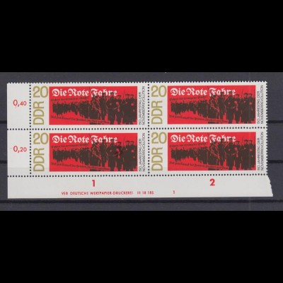 DDR 1418 Druckvermerk Eckrand links unten 4er Block Die Rote Fahne 20 Pf **