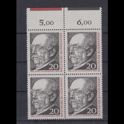 Bund 463 mit Bogenrandzudruck oben 4er Block Otto Fürst von Bismarck 20 Pf **