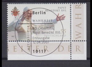 Bund 2599 Eckrand rechts unten Geburtstag Papst Benedikt XVI. 55 C ESST Berlin