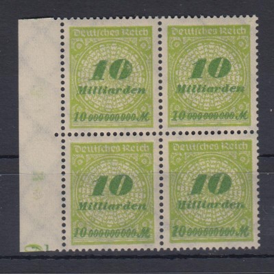 Deutsches Reich 328 AW 4er Block Bogenwertzähler Kreis mit Rosetten 10 Mrd ** /1