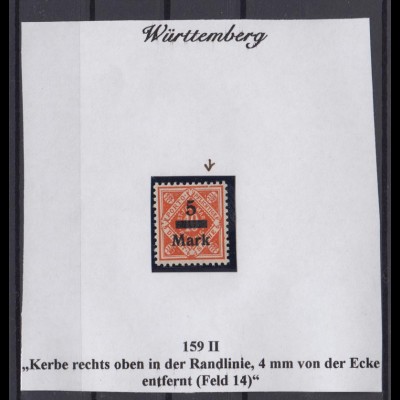Württemberg Dienst 159 II 4er Block mit Plattenfehler 5 M auf 10 Pf postfrisch