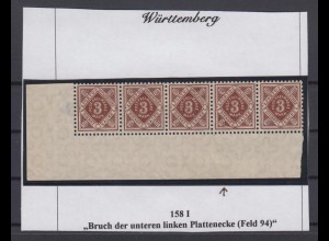 Württemberg Dienst 158 I Eckrand links unten 5er Streifen mit Plattenfehler **
