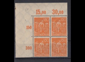 Deutsches Reich 189 Eckrand links oben 4er Block Schnitter 150 Pf postfrisch 