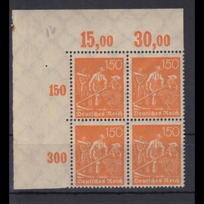 Deutsches Reich 189 Eckrand links oben 4er Block Schnitter 150 Pf postfrisch 