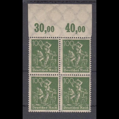 Deutsches Reich 187a mit Oberrand 4er Block Bergarbeiter 100 Pf postfrisch