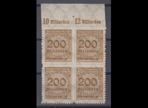 Deutsches Reich 323 BP mit Oberrand 4er Block Ziffern im Kreis 200 Mio M ** /1