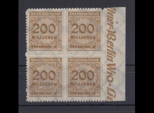 Deutsches Reich 323 BP Seitenrand rechts 4er Block Ziffern im Kreis 200 Mio M **