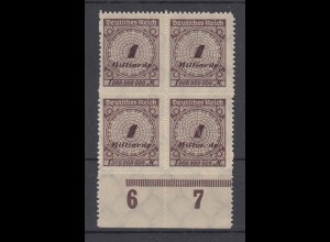 Deutsches Reich 325 B mit Unterrand 4er Block Wertangaben im Kreis 1 Mrd M ** /2