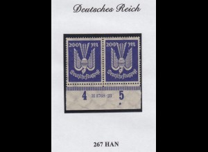 Deutsches Reich 267 mit Unterrand Paar mit HAN Holztaube 200 M postfrisch