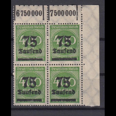 Deutsches Reich 287 a Eckrand rechts oben 4er Block Ziffern 75 Tsd auf 400 M ** 