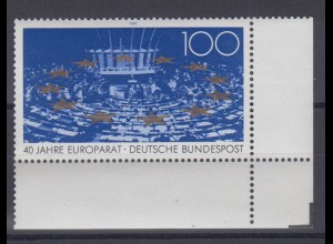 Bund 1422 Eckrand rechts unten 40 Jahre Europarat 100 Pf postfrisch 