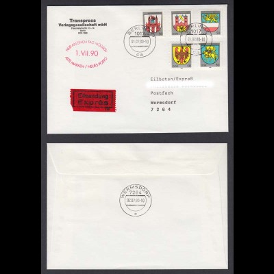 DDR Brief per Express 2.VII.90 Ersttag Mischfrankatur DDR-Deutsche Post