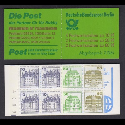 Berlin Markenheftchen 13a mit vier ganzen Randziffern Burgen+Schlösser 1982 **