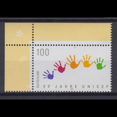 Bund 1869 Eckrand links oben 50 Jahre UNICEF 100 Pf postfrisch 