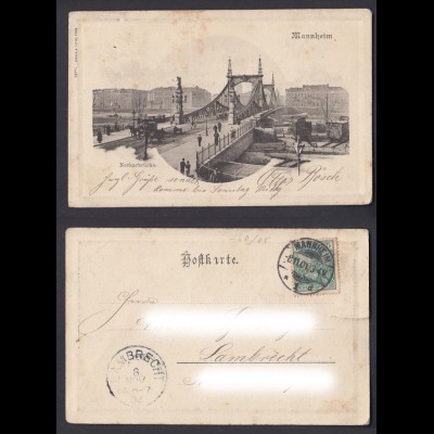 Ansichtskarte Mannheim Neckarbrücke gestempelt Mannheim + Lambrecht 1901