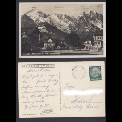 Ansichtskarte Garmisch Markplatz mit Wettersteingebirge gestempelt 1933