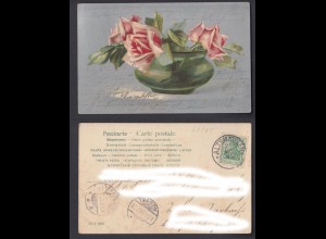 Postkarte Blumen Schale mit Rosen gestempelt Altshausen und Traben 1905