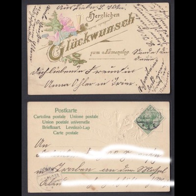 Postkarte Herzlichen Glückwunsch zum Namenstag gestempelt Traben 1905