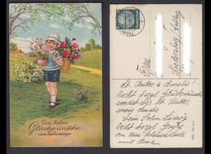 Ansichtskarte Kind mit Blumen Die besten Glückwünsche gestempelt Traben 1933