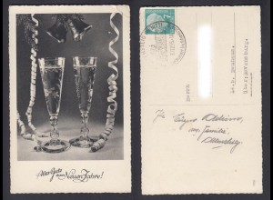 Ansichtskarte Alles Gute zum neuen Jahr mit 2 Sektgläser gestempelt 1955