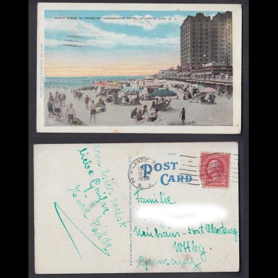 Ansichtskarte Strandscene Ambrassador Hotel Atlantic City gestempelt 1930