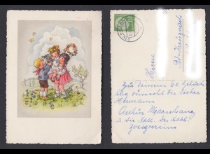 Ansichtskarte Kinder spielend auf Blumenwiese gestempelt Bad Ems 1956