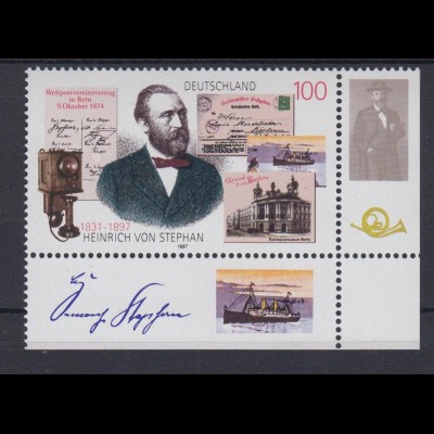 Bund 1912 Eckrand rechts unten Todestag Heinrich v. Stephan 100 Pf postfrisch