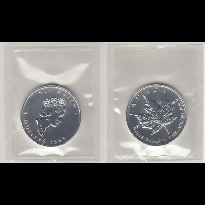 Silbermünze 1 OZ Kanada 5 Dollar 1995 Maple Leaf original eingeschweist