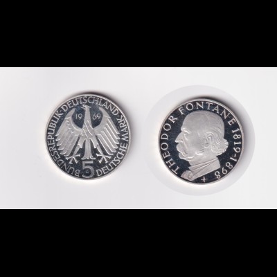 Silbermünze 5 DM 1969 G Theodor Fontane polierte Platte