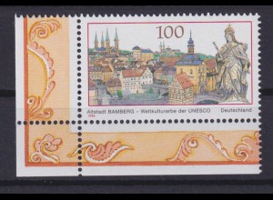Bund 1881 Eckrand links unten UNESCO-Welterbe Altstadt Bamberg 100 Pf postfrisch