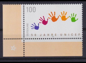 Bund 1869 Eckrand links unten 50 Jahre UNICEF 100 Pf postfrisch 