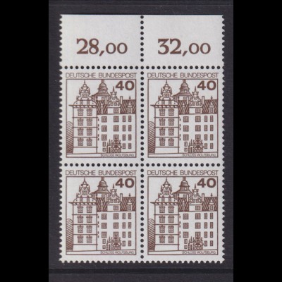 Bund 1037 mit Oberrand 4er Block Burgen+Schlösser 40 Pf postfrisch