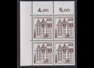 Bund 1037 Eckrand links oben 4er Block Burgen+Schlösser 40 Pf postfrisch /2