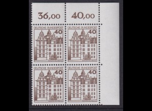 Bund 1037 Eckrand rechts oben 4er Block Burgen+Schlösser 40 Pf postfrisch 