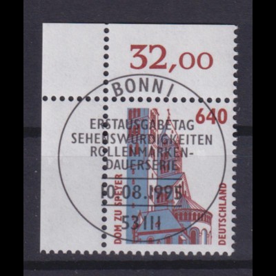 Bund 1811 Eckrand links oben SWK 640 Pf mit Ersttagstempel Bonn