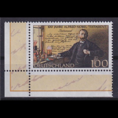 Bund 1828 Eckrand links unten 100 Jahre Alfred-Nobel-Testament 100 Pf **