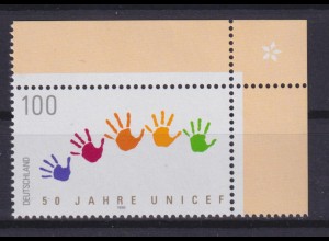 Bund 1869 Eckrand rechts oben 50 Jahre UNICEF 100 Pf postfrisch 