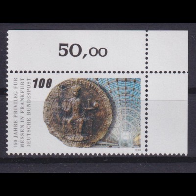 Bund 1452 Eckrand rechts oben 750 Jahre Messe Frankfurt a.M. 100 Pf postfrsich