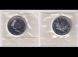 Silbermünze 1 OZ Kanada 5 Dollar 1993 Maple Leaf original eingeschweißt