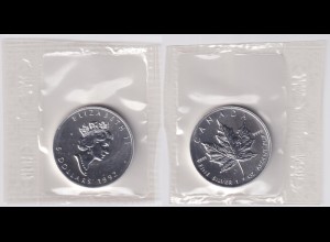 Silbermünze 1 OZ Kanada 5 Dollar 1992 Maple Leaf original eingeschweißt